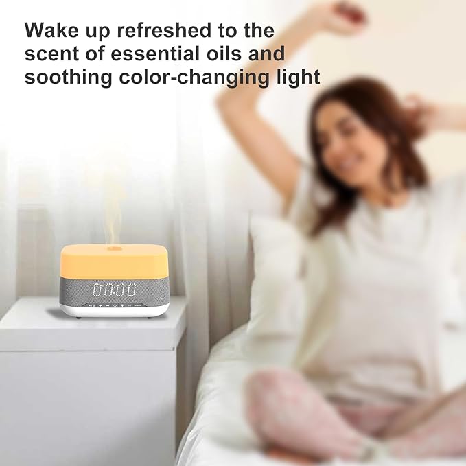 300ml Essential Oil Diffuser with Bluetooth Speaker & Alarm Clock | Auto Shut-Off, Colorful Night Light, Timer for Bedroom, Office, Yoga（White）