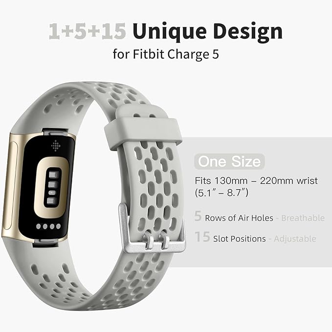 Getino Compatible with Fitbit Charge 5 Bands/Charge 6 Bands for Women Men, Soft Breathable Replacement Sport Strap Adjustable Wristbands for Fitbit Charge 5/ Charge 6 Advanced Fitness Tracker, Gray