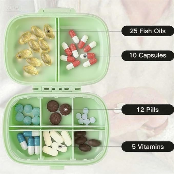 Daily 6 Compartments Pill Box Container Bling Diamond for Purse Medicine Container Holder for Women Travel Kit Medicine (AB Green)
