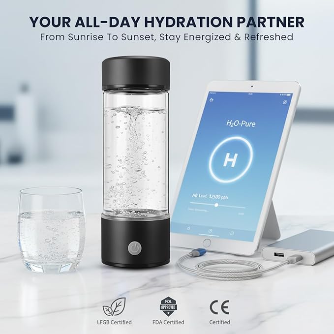 Hydrogen Water Bottle, Portable & Rechargeable – Molecular Hydrogen Water Generator, Alkaline Ionizer, Hydrogenated Water Purifier for Health & Fitness with Hydrogen-Rich Water Black