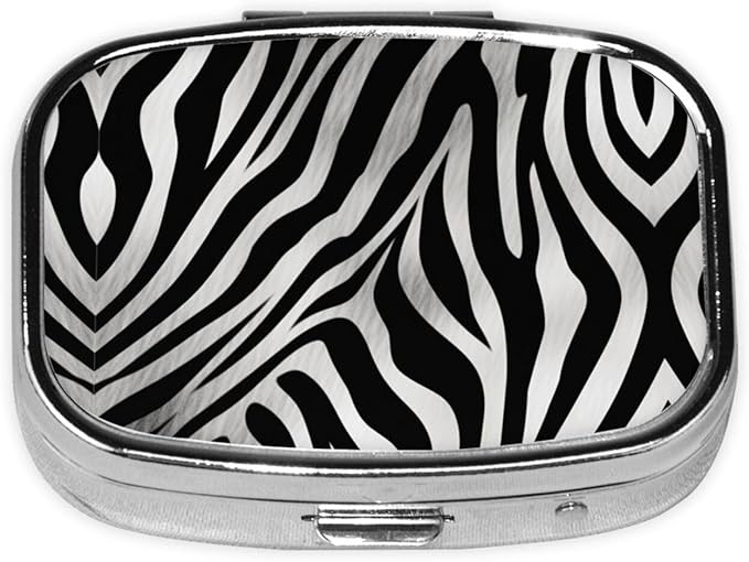 Square Pill Box 2 Compartment Medicine Pill Case Zebra Print Pill Box for Purse Pocket Waterproof Metal Pill Container Portable Pill Holder Mini Pill Organizer for Travel or Daily