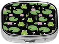 Cute Green Frogs Black Pill Organizer Travel Portable Compact Pill Box 2 Compartments Pill Case for Vitamins/Fish Oil/Meds for Purse Pocket