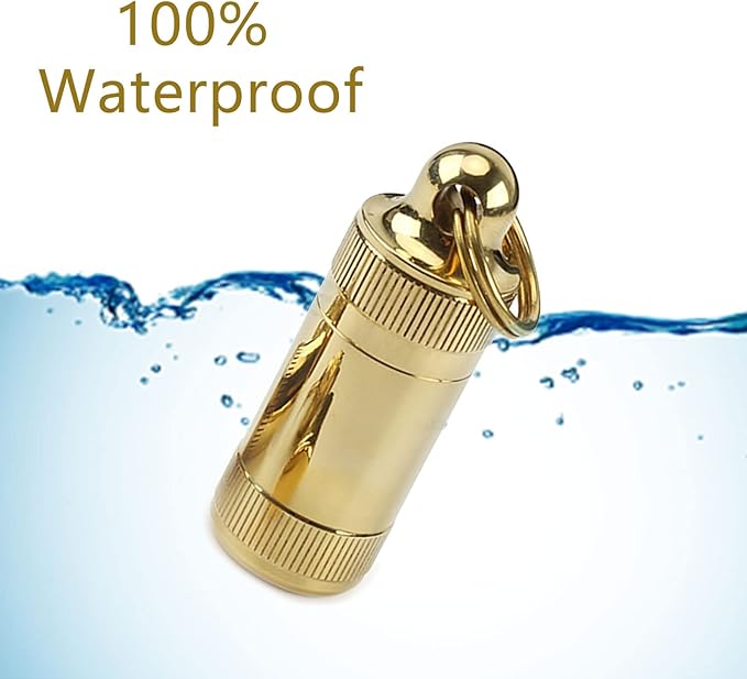 Portable Pill Case Container, Mini Brass Waterproof Keychain Pill Storage Box, Pill Holder Medicine Organizer for Pocket, Purse, Necklace, Outdoor Travel/Camping, S