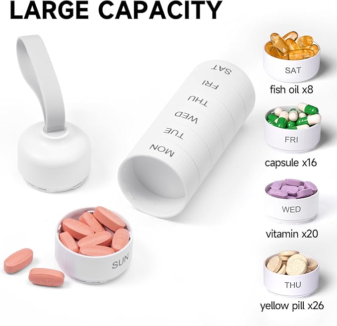 Cute Pill Organizer, Cute Weekly Pill Box for Travel, Cute Daily Pill Case 7 Day, with 7 Large Stackable Compartments, Sturdy ABS Pill Holder for Vitamin Supplement Medicine (White)