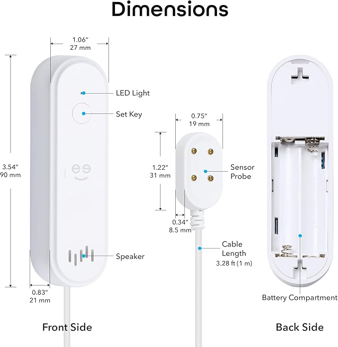 Geeni Smart Water Alarm Leak Detector with Siren - 80dB Alarm with App Alerts for Monitoring Kitchen, Bathroom, Basement Flood, Battery-Powered WiFi Moisture Sensor Alexa, Google Home Compatible