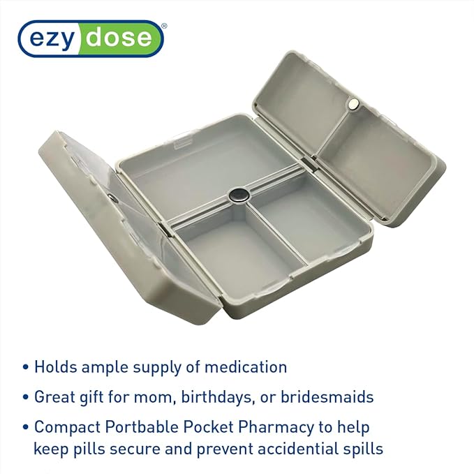 EZY DOSE Bi-Foldable Magnetic Pill Case, Medicine Planner, Vitamin Organizer Box, Snap-Shut for Security, Durable and Easy to Use, 7 Individual Compartments with Various Sizes, Travel-Friendly, Gray