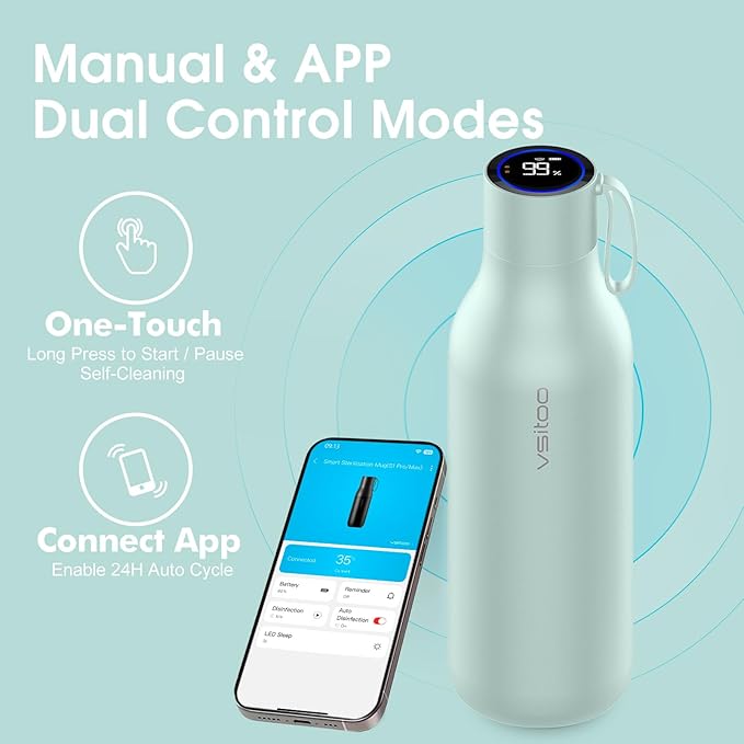 VSITOO 33oz Smart Self-Cleaning Water Bottle，Large Insulated Stainless Steel Bottle with AI Self-Clean, 30-Day Battery & Magnetic Charging for Outdoor Travel, Gym or Office, Blue