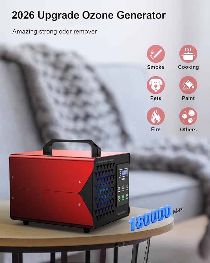ONAMOR Digital Ozone Generator Odor Eliminator 180,000mg, High Capacity Ozone Machine Odor Removal Up to 8,000 Sq.Ft, Ozone Odor Eliminator, Ionizer Ozonator for Home, Car, Smoke, Pet Room (Red)