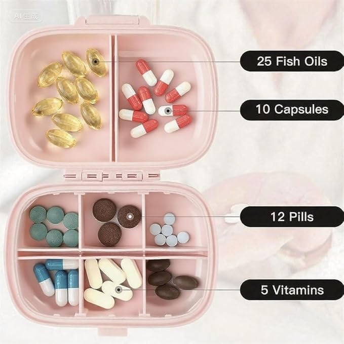 Daily 6 Compartments Pill Box Container Bling Diamond for Purse Medicine Container Holder for Women Travel Kit Medicine (AB Pink)