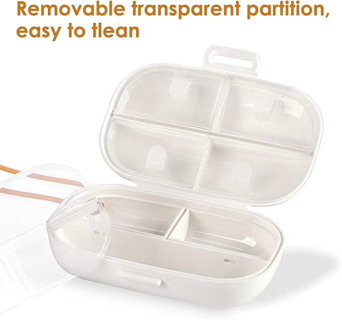 Travel Pill Organizer, Daily Pill Case for Vitamins, Pocket Medicine Organizer, 7 Day Divider Leak-Proof Portable Pill Case with Lanyard (White)