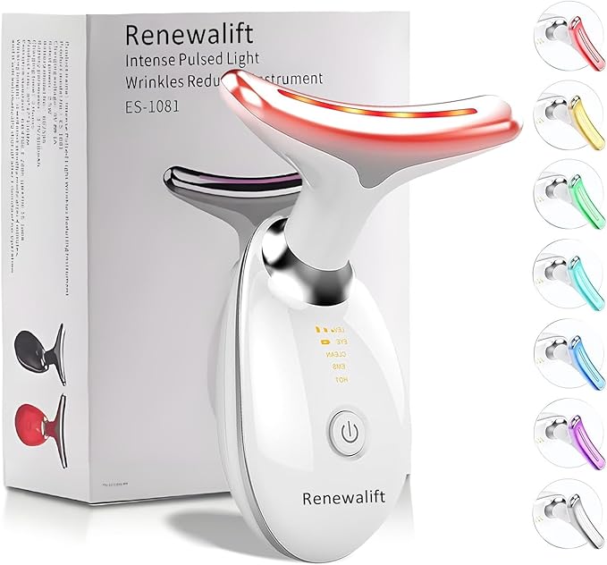 Device | 7-in-1 Red Light Therapy for Face and Neck - 7 Colors, Smart Vibration | Red Light Face Massager Tool - Effectively Remove Wrinkles, Lift Neck, Portable Skin Care Tool (White)