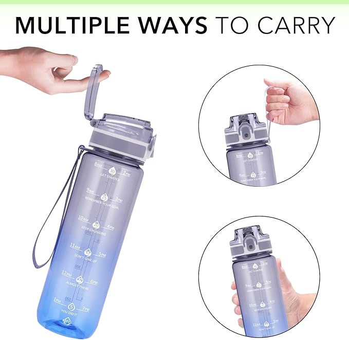 32oz Water Bottle with Time Marker, Motivational Drinking Bottle with Strap, BPA-Free Leak-Proof, Encouraging Water Bottle Time to Drink Water for Gym School Office Travel