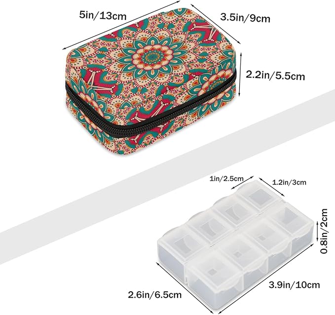 Boho Pattern Mandala Pill Case Everyday Travel, 7 Day Weekly Medicine Pill Box Compact Portable Pills Bottle Organizer with Zipper for Daily Vitamin Medicine Holder Bottle Organizers Bag