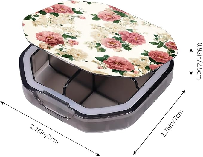 This Portable Vintage Rose Floral Pattern 4-Compartment Pillbox Can Be Placed in A Pocket Or Wallet to Store Vitamins, Medicines Fish Oil Health Supplements Other Medications.