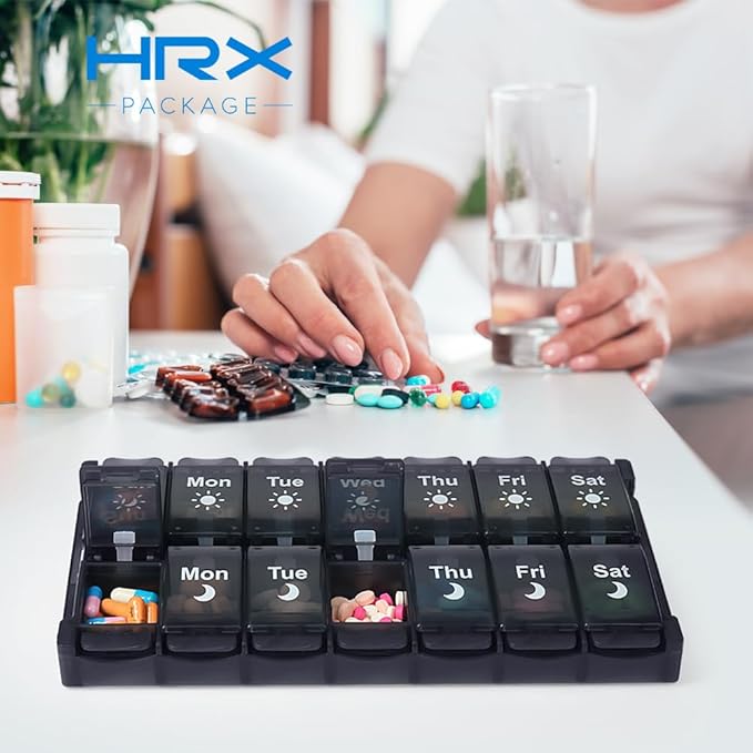 HRX Package Weekly Pill Organizer 2 Times a Day, Easy Fill & Open AM/PM Medicine Box 7 Day Vitamin Cases Day and Night