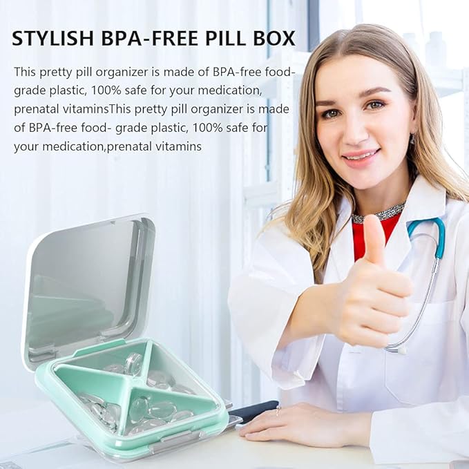 Small Pill Box, Travel Pill Case, Dtouayz Portable Medicine Organizer, Vitamin and Medication Dispenser, Cute Daily Pill Box for Purse or Pocket, Waterproof 4 Compartment Travel Pill Container