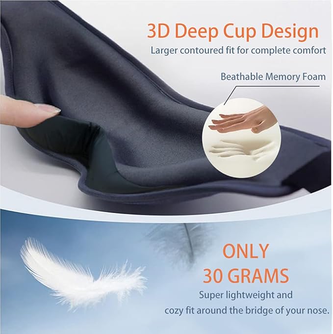 Sleep Mask for Women Men, 100% Blackout 3D Contoured Cup Blindfold Eye Mask for Sleeping Washable Non-Pressure Eye Shade Covers with Adjustable Strap for Travel, Meditation, Side Sleeper