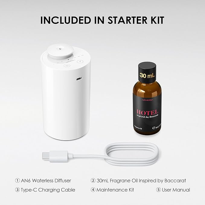 Airversa Waterless Essential Oil Diffuser Starter Kit with 30mL Hotel Fragrance Oil Inspired by BaCRT, Battery Operated Car Diffuser, Portable Aroma Nebulizer for Home Car Office, AN6Kit-4, White