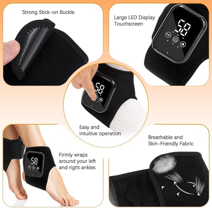 Heated Ankle Wrap with Vibration Massage – Cordless Electric Foot Massager Brace for Pain Relief, Swelling, Stiffness & Circulation – Rechargeable Heating Pad Support for Men & Women