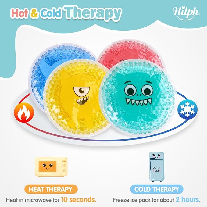 Hilph Small Ice Packs for Injuries Reusable, 4 Round Cute Soft Ice Packs with 1 Sleeve with Strap for Injuries, Hot Cold Therapy for Pain Relief, Bump, Bruise, First Aid