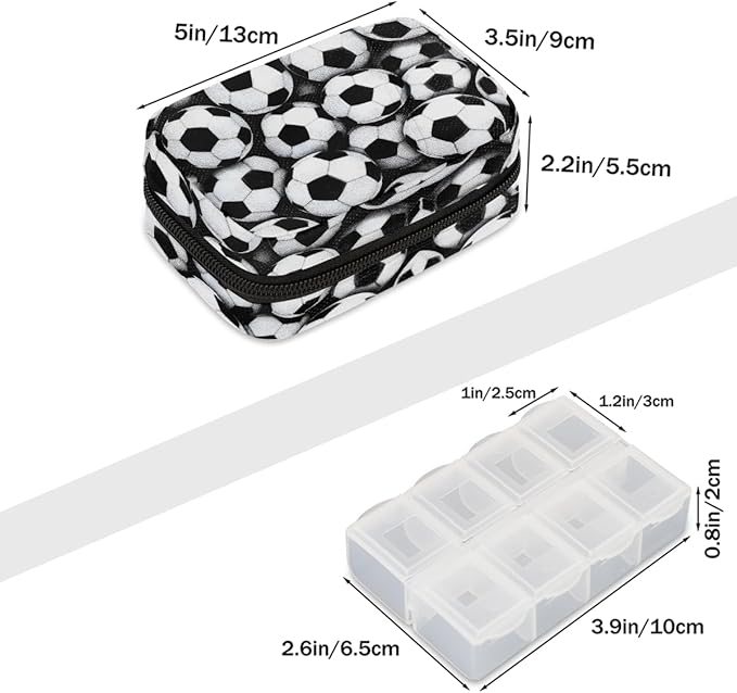 Football Black White Pill Case Everyday Travel, 7 Day Weekly Medicine Pill Box Compact Portable Pills Bottle Organizer with Zipper for Daily Vitamin Medicine Holder Bottle Organizers Bag