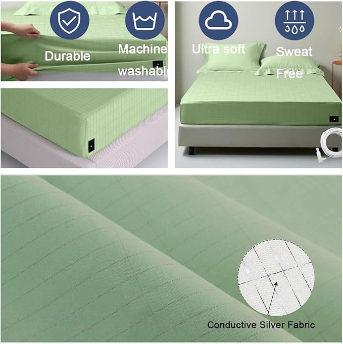 Grounding Sheets King Size, 20% Pure Silver Fiber + 80% Organic Cotton, Grounded Sheet Earth Connected Bedding Fitted Earth Sheets with Grounding Cord