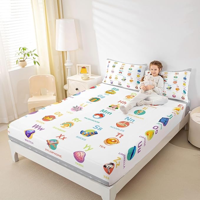 ABC Alphabet Fitted Sheet Queen Size, Cartoon Bedding Set Numbers Bed Sheet Set Kids Toddler Educational Learning Bed Cover with 2 Pillow Case (No Flat Sheet)