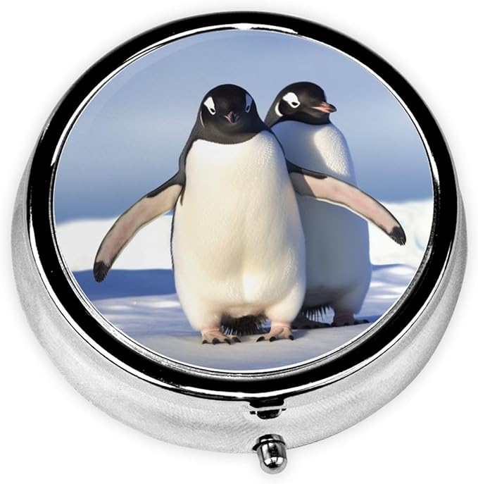 Pill Box Cute Penguin Round Pill Case 3 Compartment for Purse Cute Metal Pill Organizer Portable Travel Pillbox Mini Small Pill Container Holder to Hold Vitamins Fish Oil Supplements