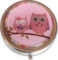 Pretty Pink Owls Silver Pill Box – Round 3-Compartment Metal Pill Organizer, Compact 2-Inch Travel Pill Case for Purse or Pocket
