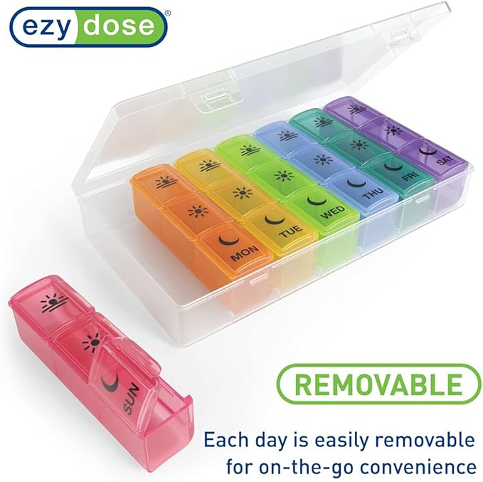 Ezy Dose Weekly (7-Day) Pill Case, Medicine Planner, Vitamin Organizer Box, Convenient and Easy to Use, X-Large Pop-Out Compartments, 3 Times a Day, Rainbow Lids with Case, BPA Free