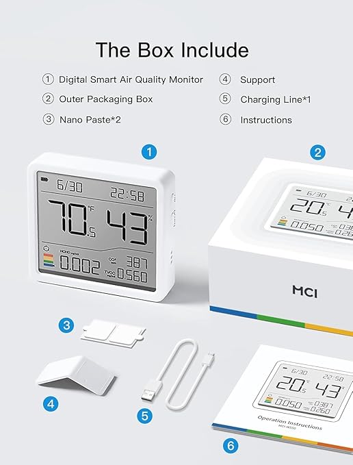 7-in-1 Air Quality Monitor Indoor, Air Analysis Apparatus, 5s Backlight Air Quality Meter for TVOC, HCHO, Temp, Hum, Temperature Humidity Monitor for Home, Office, Hotel