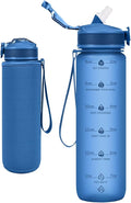Water Bottle with Straw, Motivational 32 oz Water Bottles with Time Marker & No Sweat Sleeve, BPA Free Leak Proof Gym Bottle with Times to Drink