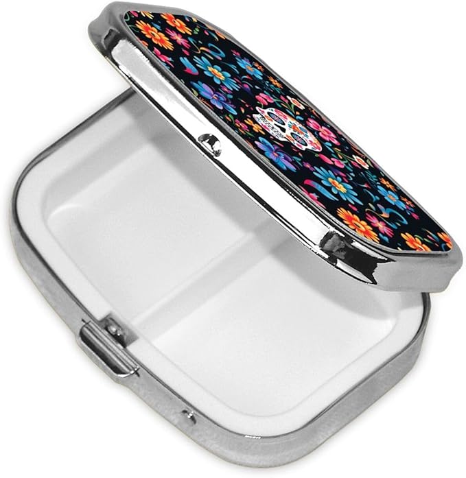 Mexican Sugar Skulls Flowers Print Square Metal Pill Box with 2 Compartment for Pocket or Purse Travel Bag Small Size 2.2 inche