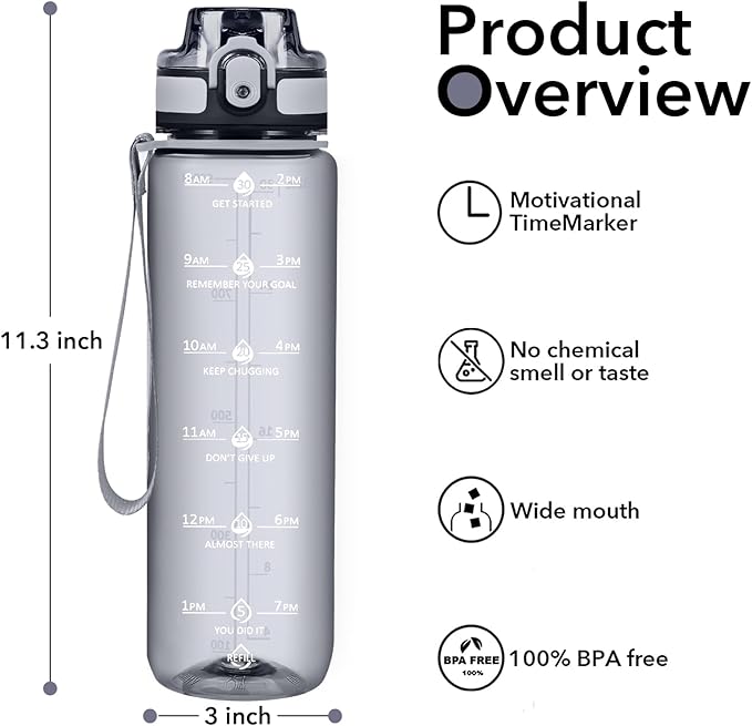 32oz Water Bottle with Time Marker, Motivational Drinking Bottle with Strap, BPA-Free Leak-Proof, Encouraging Water Bottle Time to Drink Water for Gym School Office Travel