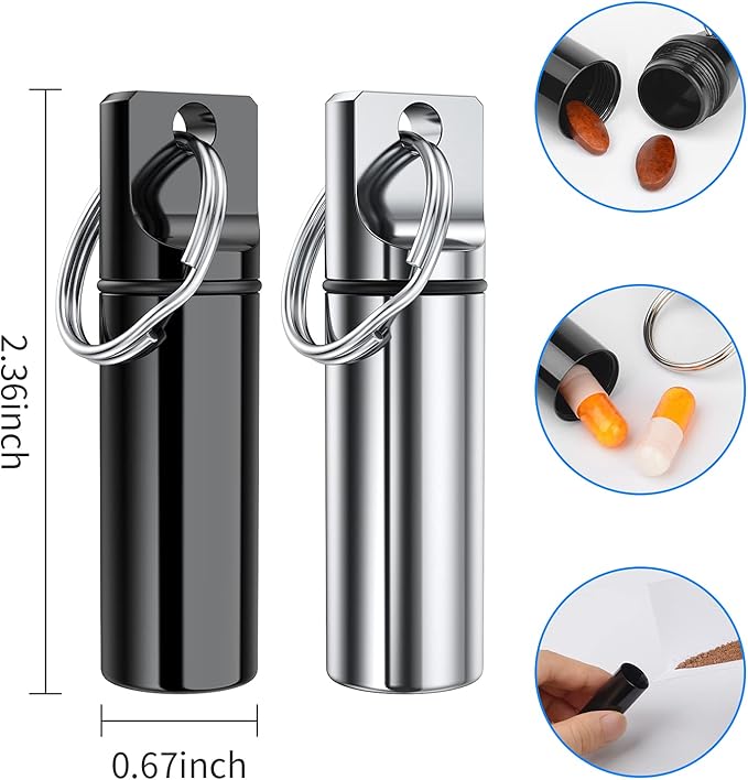 Small Portable Pill Box Keychain (3 Pack), Aluminium Alloy Mini Pill Organizer Case Container for Purse,Waterproof Metal Pill Holder Medicine Bottle for Outdoor Camping Travel(Black+Silver+Red)