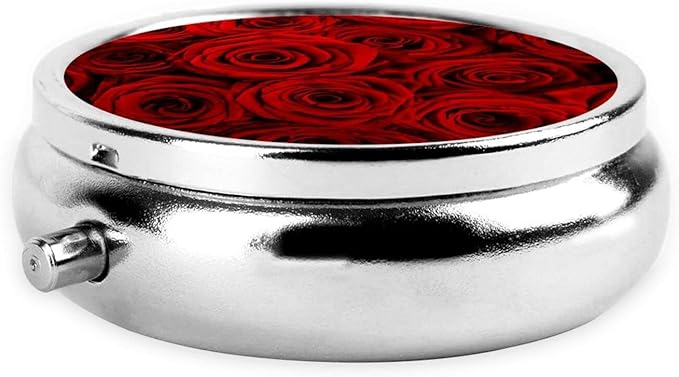 Travel Pill Organizer,Red Rose Pill Box,Metal Pill Holder Container,Portable Cute Pill Case,Small Medicine Holder Organizer,Vitamin Holder with 3 Compartments,for Pocket Purse