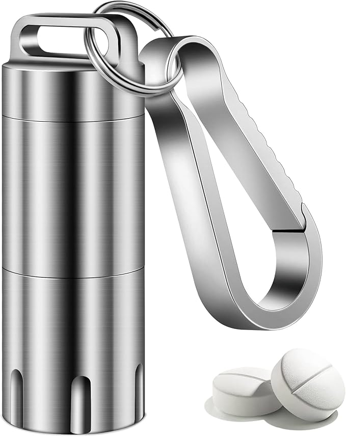 TISUR Titanium Small Pill Holder Keychain, Portable Pill Case Waterproof Pocket Pill Box Container Carrier to Hold Pills, Vitamins, Fish Oil, Supplements