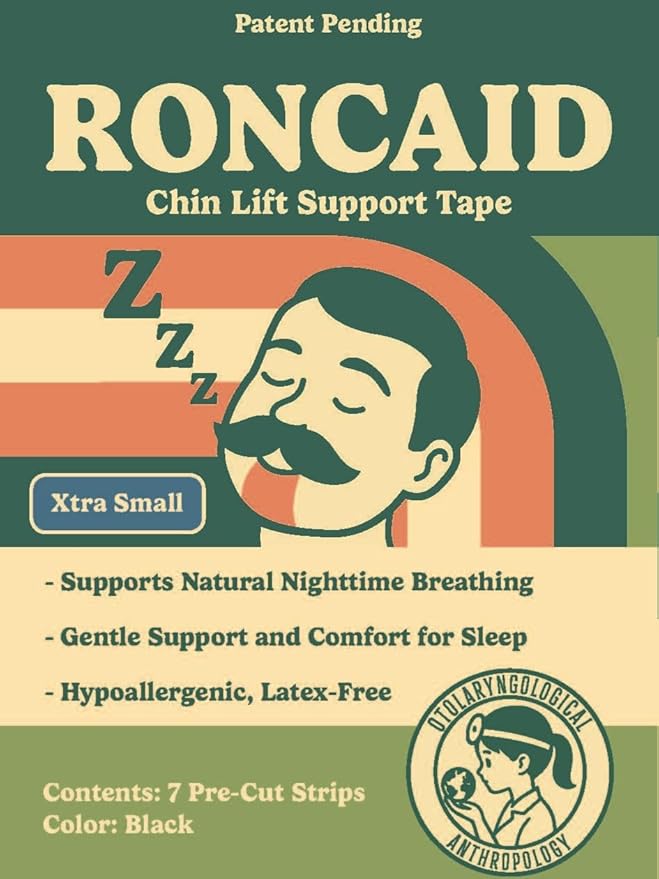 Roncaid Chin Lift Support Tape for Sleep - Black - 7 Pre-Cut Strips - Hypoallergenic, Latex-Free - Natural Nighttime Breathing Support (Xtra Small)
