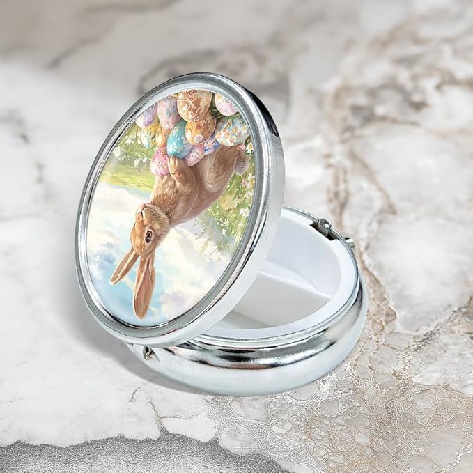 Portable Round 3 Compartment Metal Pill Box Features A Brown Rabbit with Easter Eggs Perfect for Organizing Medications Traveling Or Celebrating Easter
