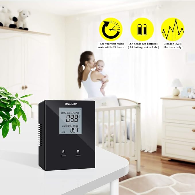 Home Radon Detector, Portable Radon Tester, Long and Short Term Monitor, Monitor Your Home Radon Level, Prevent Radon Exceed, Powered by Rechargeable Battery, Black