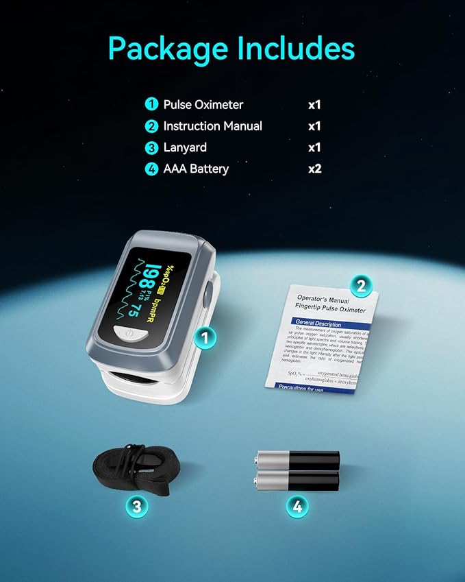 Fingertip Pulse Oximeter Blood Oxygen Saturation Monitor Pulse Ox, Heart Rate and Fast Spo2 Reading Oxygen Meter with OLED Screen Included Lanyard and 2 X AAA Batteries