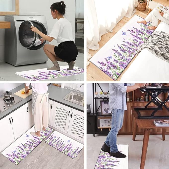 Bulijojo Purple Flowers Anti Fatigue Kitchen Floor Mats Set of 2 Waterproof Kitchen Sink Runner Rug Standing Mat Cushioned Kitchen Rugs Comfort Doormat 17"x47"+17"x28"