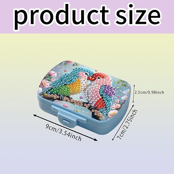 C'eitura DIY 2 Parrots Diamond Art Painting Blue Pill Organizer with 6 Lid Detachable Compartments, Fun DIY Craft Project for Adults, Elegant Pill Case for Purse & Travel