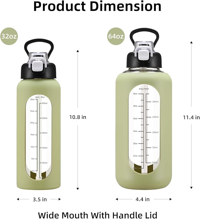 32 oz Glass Water Bolttles with Straw Large Motivational Water Bottle with Time Marker Sports Water Bottles with Silicone Sleeve and Handle Lid Water Jug for Gym Workout