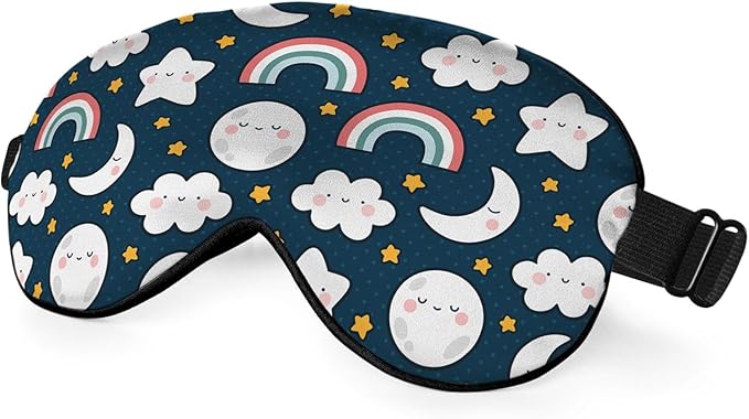 Cute Sky Night Eye Mask Sleeping Mask Moon Clouds Rainbows Stars Sleep Masks Silky Soft Eye Cover for Women Men Shading Blindfold for Air Travel Sleeping
