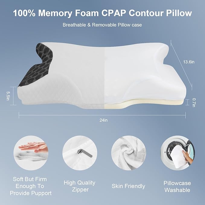 Cervical Neck CPAP Pillow for Side, Stomach, Back Sleepers to Neck Pain Relief - Ergonomic Adjustable Height Memory Foam Pillow for Neck Support - Include CPAP Hose Holder-Keep The Hose Off The Floor