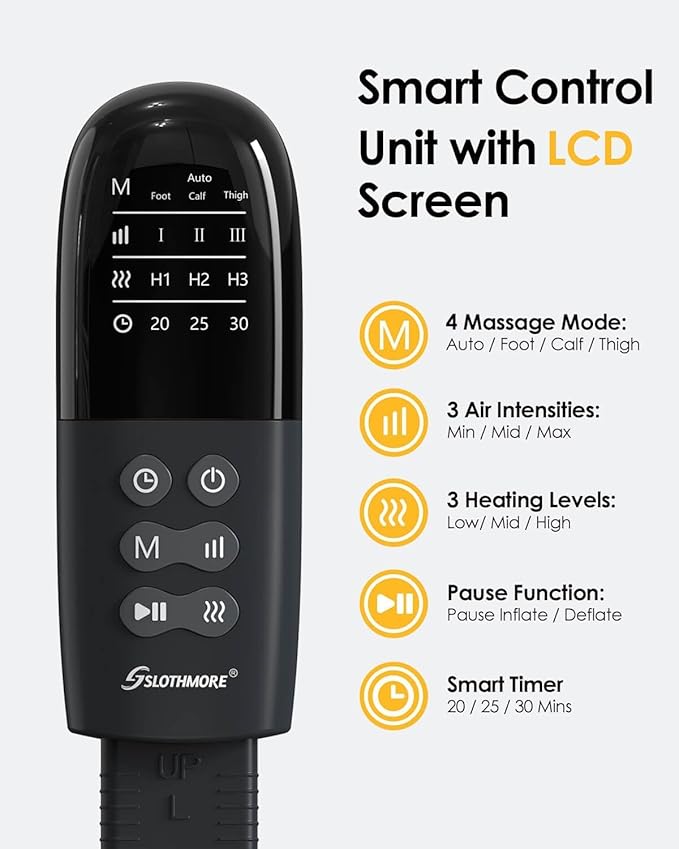SLOTHMORE Leg Massager with Heat and Air Compression, Foot Calf & Thigh Massage for Circulation and Pain Relief, Sequential Compression Device for Swollen Legs, 3 Intensities 6 Modes
