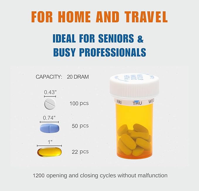 Smart Pill Bottle, Automatic Medication Reminder, Pill Organizer, 7 Day Weekly Tracker, Daily Medicine Dispenser, Child-Resistant Cap, Seniors Friendly