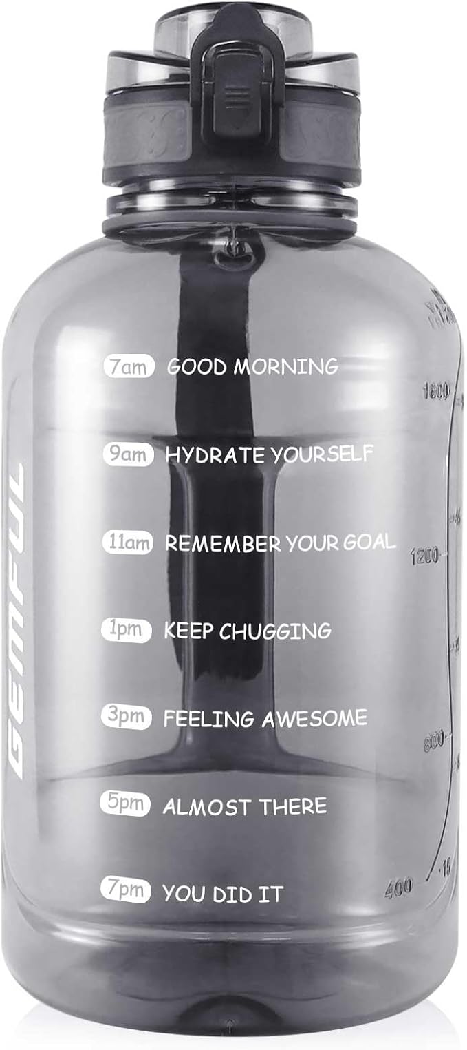 GEMFUL 2 Liter Water Bottle with Time Marker & Handle 64oz Large Motivational Jug for Gym Workouts No Straw Leak Proof BPA Free (Grey)