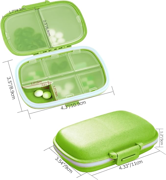 1Pack Travel Pill Organizer, 8 Compartments Portable Pill Case, Small Pill Box for Pocket Purse Portable Medicine Vitamin Container Green